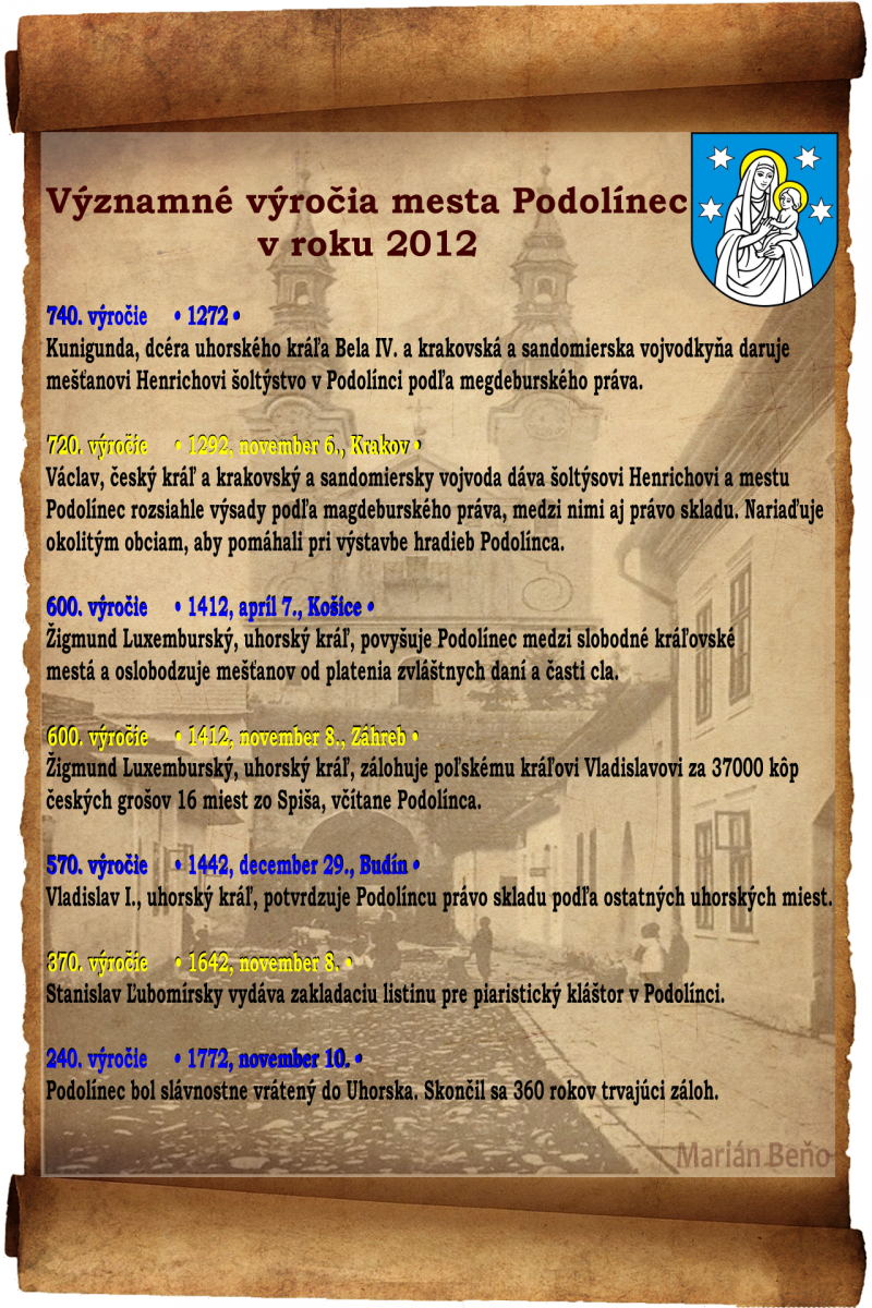 Významné výročia mesta Podolínec v roku 2012