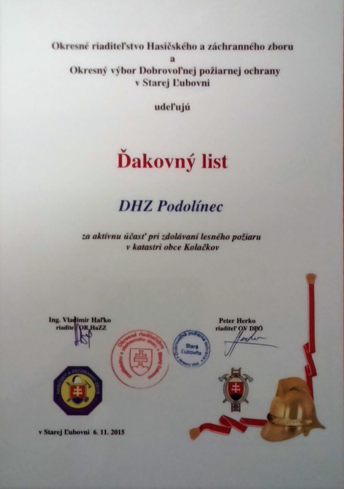 Ďakovný list DHZ Podolínec